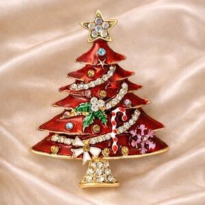 Red Christmas Tree Rhinestone Brooch – Festive Holiday Gift